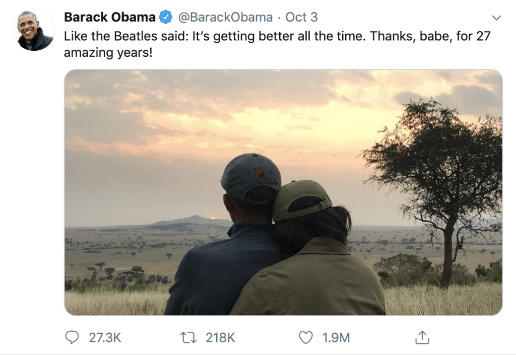 cropped picture of michelle and barack obama for their anniversary on twitter