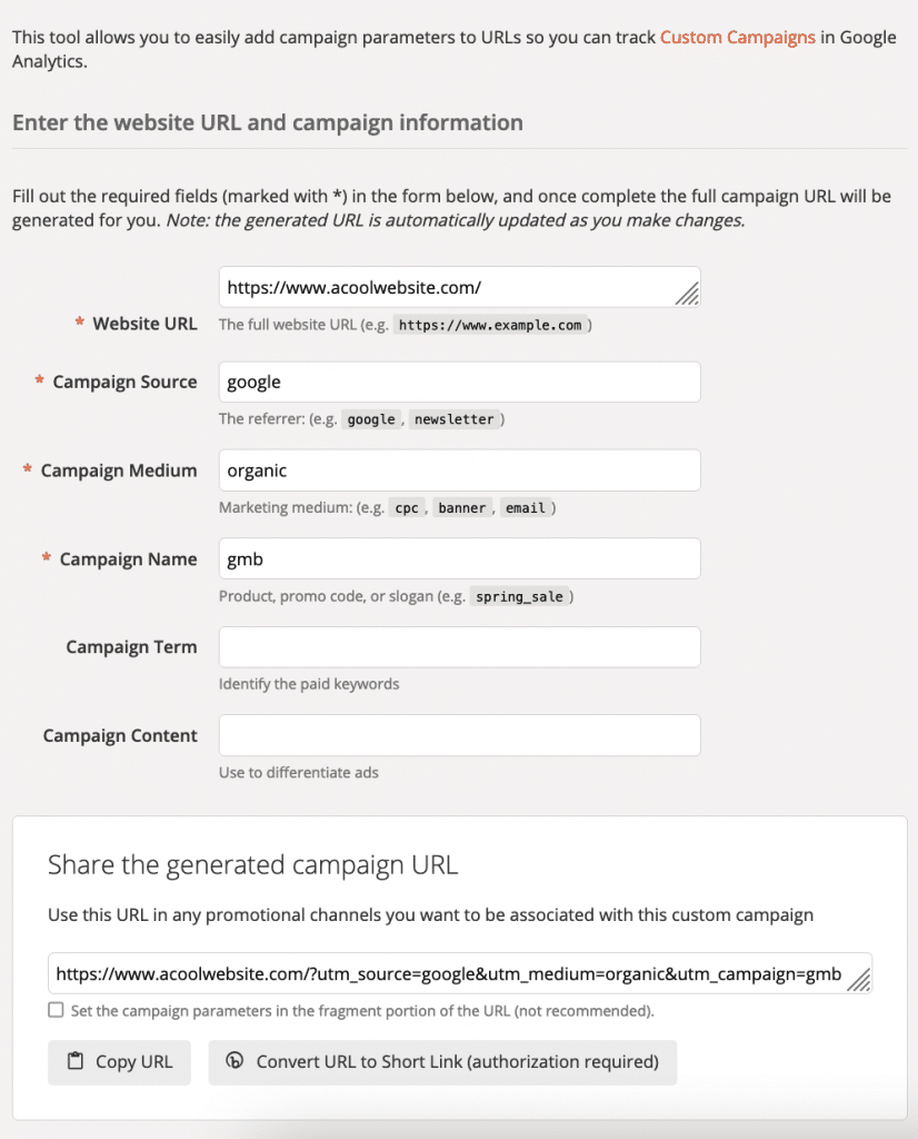 utm parameter fields filled in for a gmb campaign
