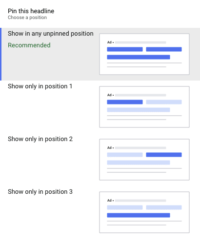 A screenshot of a page titled "Pin this headline" in Google Ads. It shows several options of a blue bar covering three lines of ad text, at the top of an example ad, in the second sentence, and in the last sentence. End ID. 