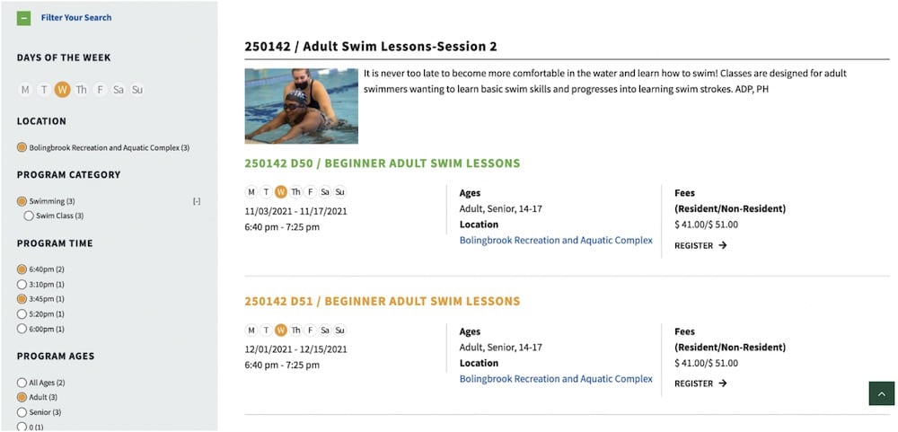 filterable RecTrac program-finder on a WordPress website