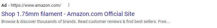 DSA search ad example for '1.75mm filament' search.
