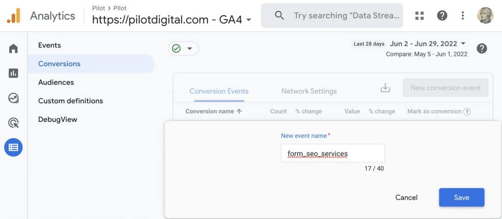 Creating a new conversion event in GA4