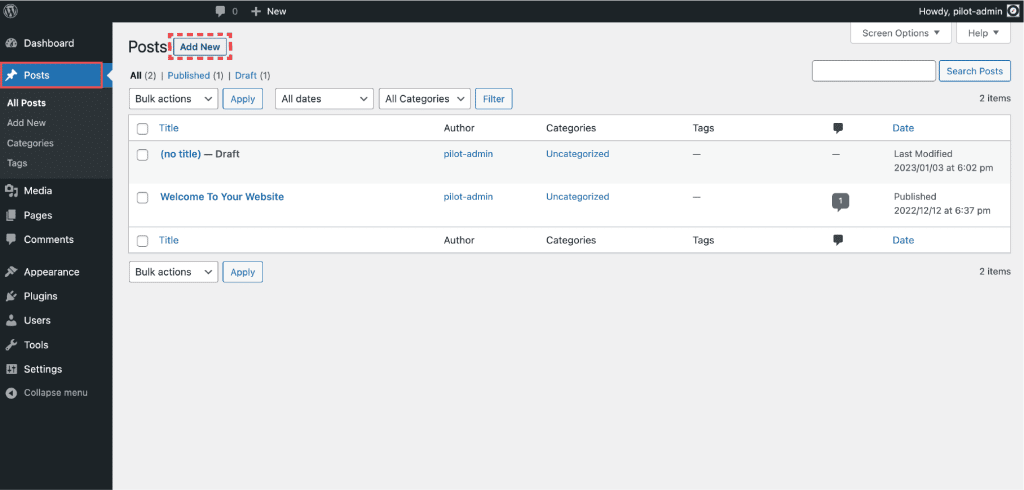 Add New Post or Page Add a New Post or Page using the WordPress Main Menu Navigation Image