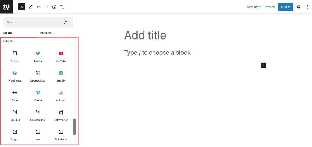 An image of Preset Embedded Block Category Options in the Block Library