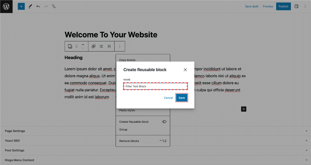 Image showing how to Create a Custom Reusable Block