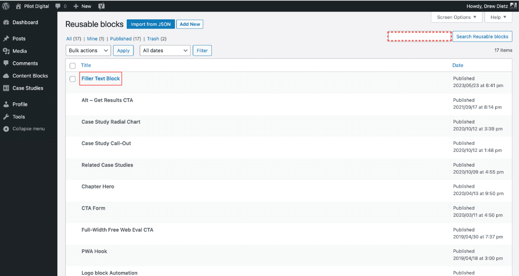 Image of the Reusable Block Library where you can search, archive, and edit existing and custom Reusable Blocks
