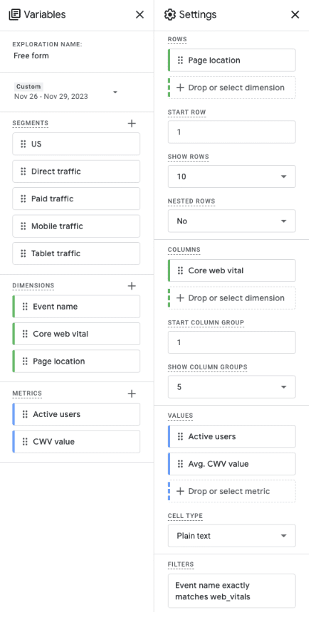 Screenshot of Exploration settings in GA4, configured as described above.