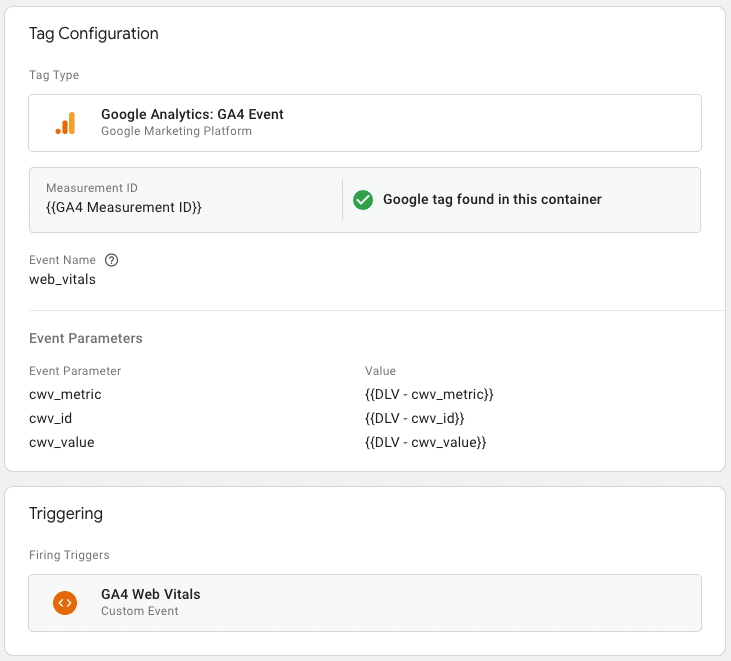 Screenshot of a GA4 Event Tag, configured as described above.