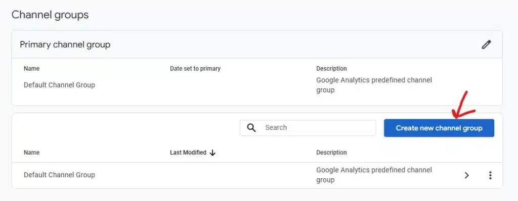 showing where to click to create a new channel group in GA4