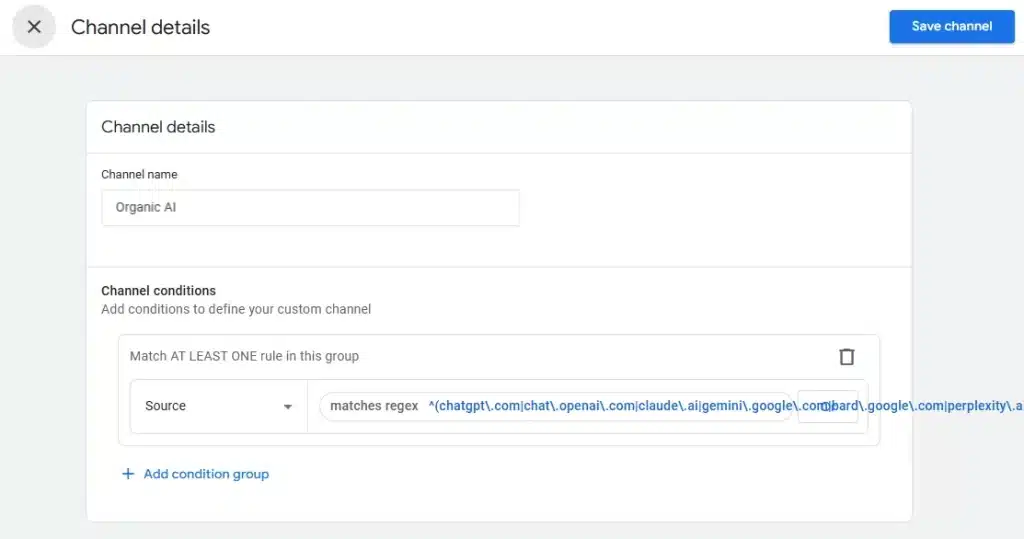 config for custom organic AI channel in GA4