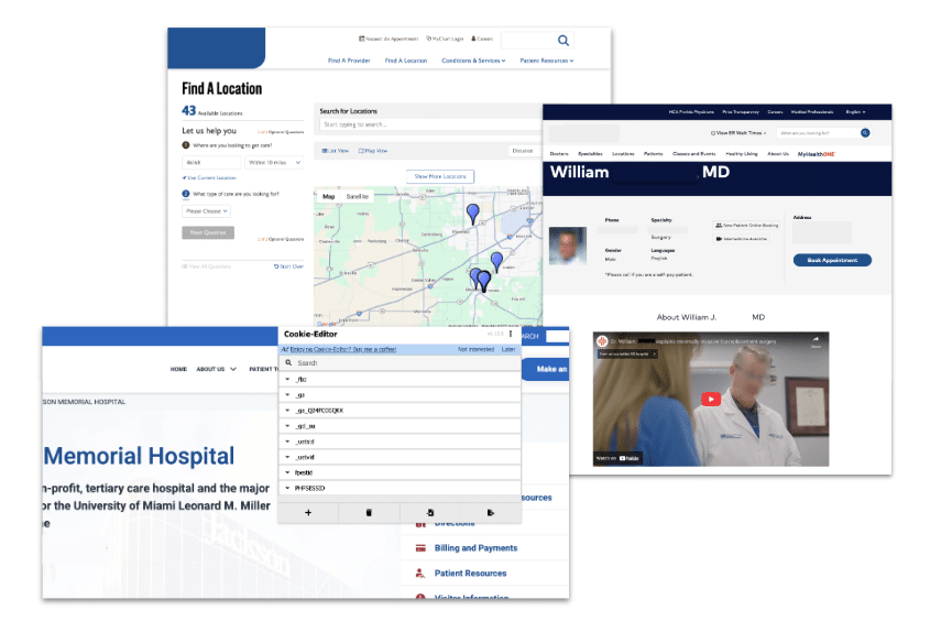 Screenshots of hospital websites that show probable HIPAA violating technologies