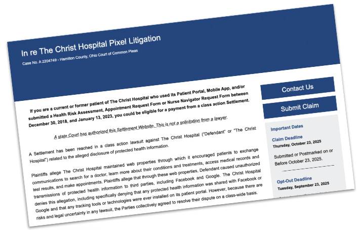 Screenshot of the website used to find claimants in The Christ Hospital Pixel Litigation.