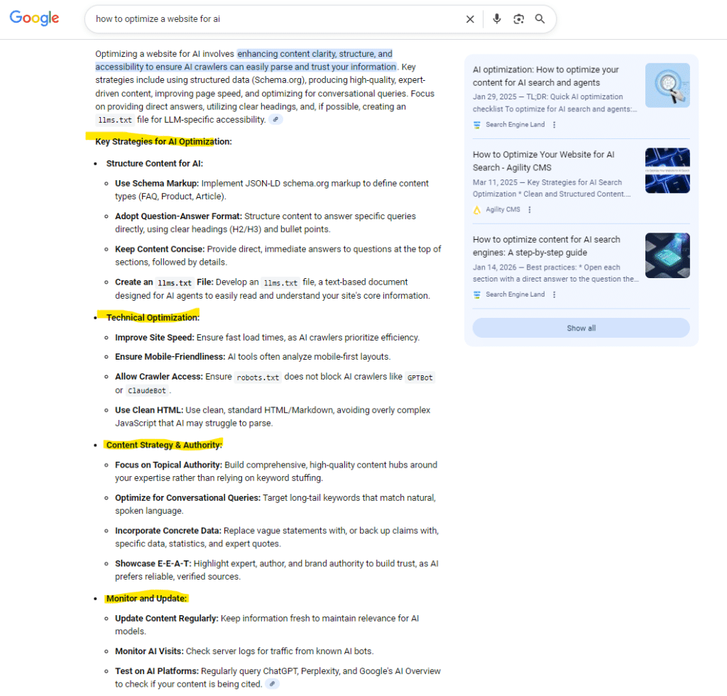 google search with AIO for 'how to optimize a website for ai'