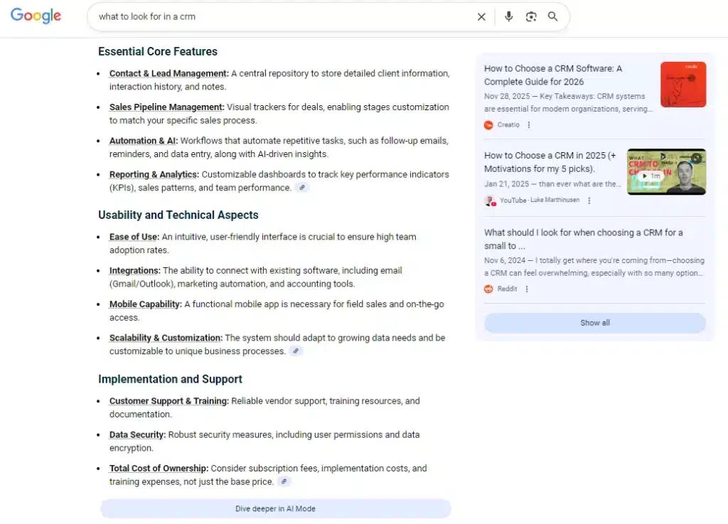 google search with AIO, 'what to look for in a crm'